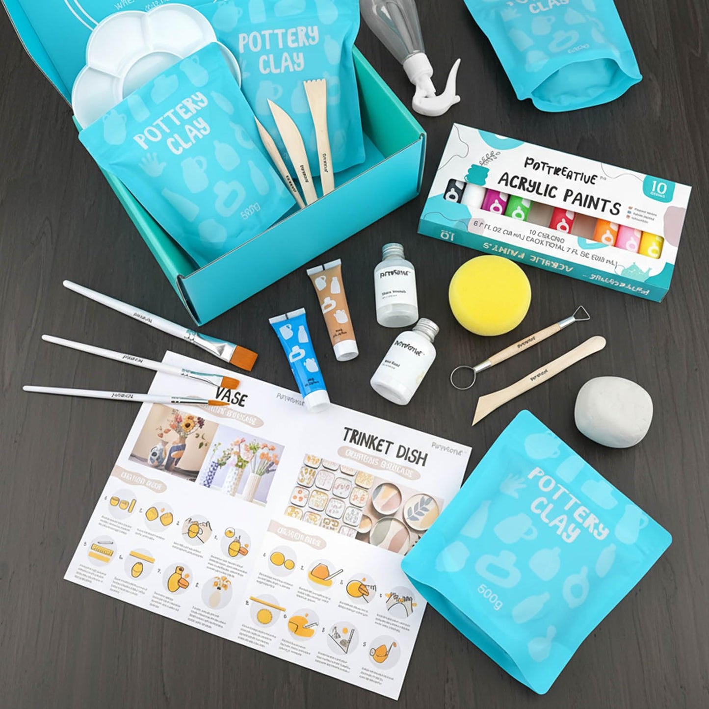 MCOOH Air Dry Clay Kit for Beginners - All-in-One Pottery Set with Sculpting Tools, Paints, Varnish, DIY Craft Kit to Make Trinkets, Home Decor, Gifts