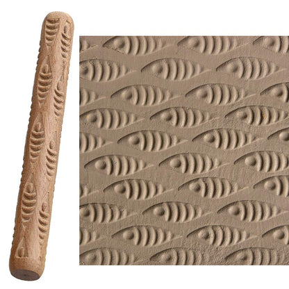 OwnMy Set of 5 Clay Modeling Pattern Rollers Kit, Fish Leaves Cobblestone Ripple Wood Grain Pattern 4.7 IN Clay Rolling Pin Textured Hand Roller Wooden Handle Pottery Tools Set