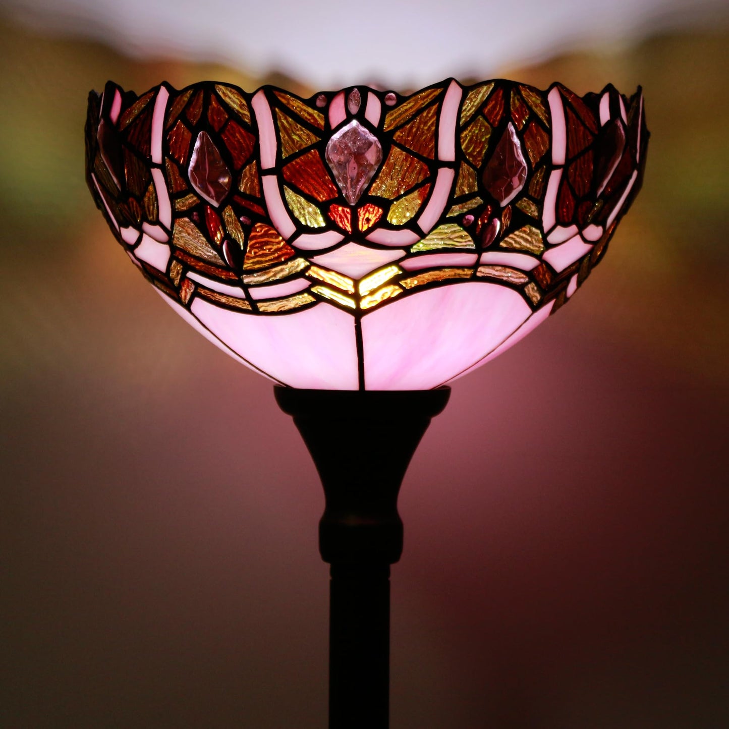 ZJART Tiffany Floor Lamp Torchiere Stained Glass Torch Lamp 12X12X67 Inch Antique Standing Corner Light (Pink Jewelry)