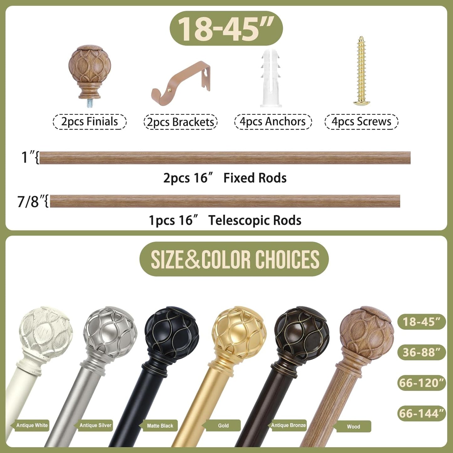 Wood Curtain Rods for Windows, 28 to 48 Inch Adjustable Heavy Duty Drapery Rods