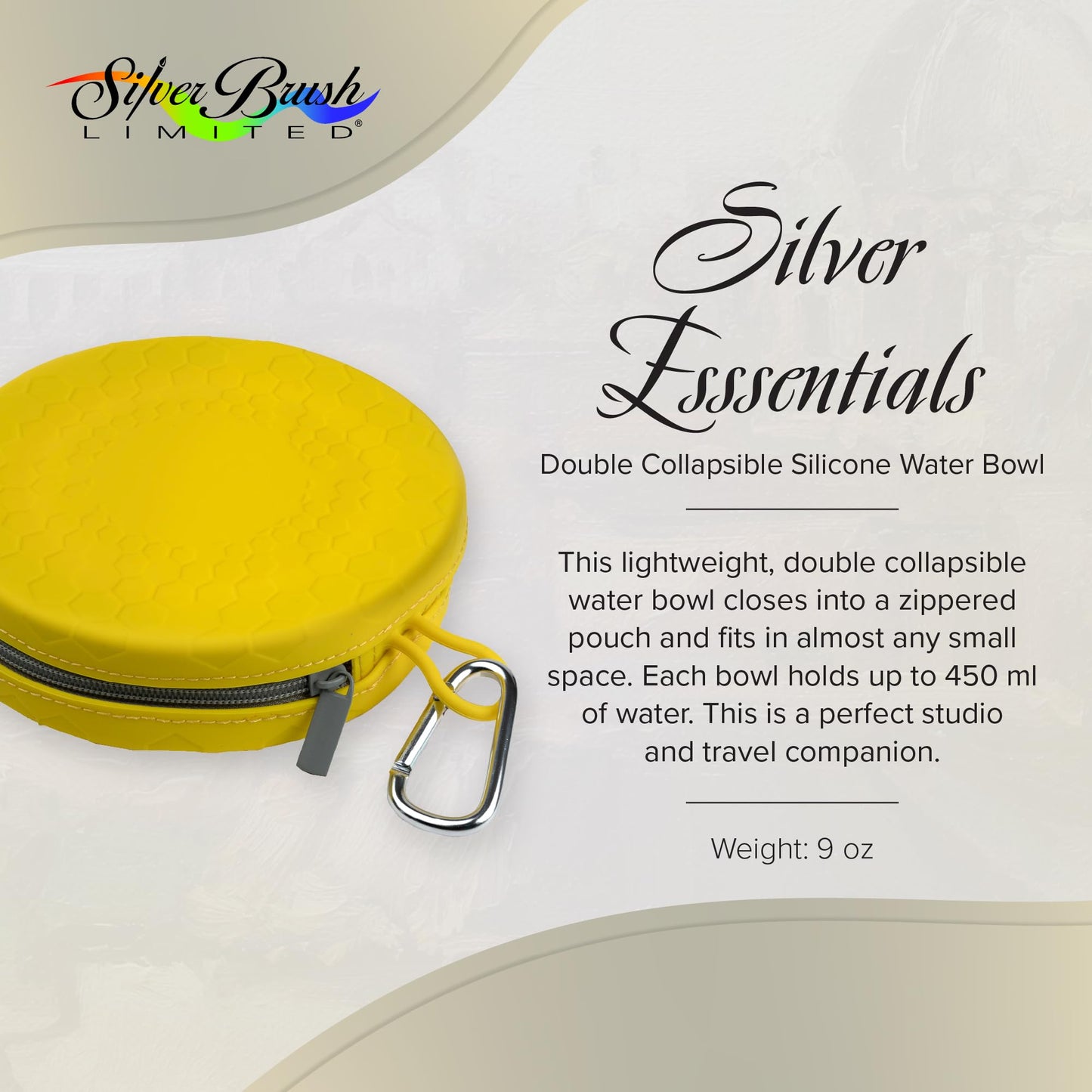 Silver Brush Limited 9004 Silver Essentials Double 450ml/15.2oz Collapsible Water Bowl with Zipper Pouch, Leak-Proof Paint Brush Water Cup for Water Media, for Studio, Travel, and Plein Air, Yellow