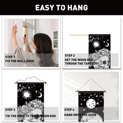 PLIGREAT 2 Pack Skull Long Tapestry Aesthetic Black and White Skeleton Wall Hanging with Tassels Sun Moon Tapestry for Bedroom Bathroom Living Room Long Narrow Wall Hanging Home Art Decor