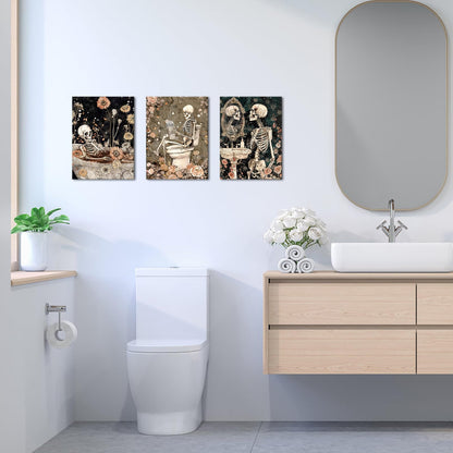 FuShvre Skeleton Bathroom Decor Moody Skeleton Wall Art Pictures for Bathroom Gothic Painting for Home Decoration Framed 12x16 inch each piece (Coral)