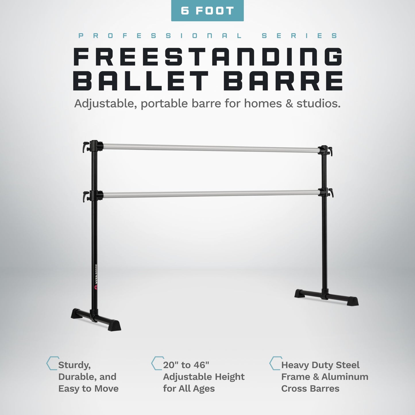 VITA Barre Portable Freestanding Double Ballet Barre, Professional, 6 Ft Bars, Black, Aluminum | Adjustable Height, Made in USA, Home or Gym Exercise Equipment for All Ages | Dance, Fitness, Pilates