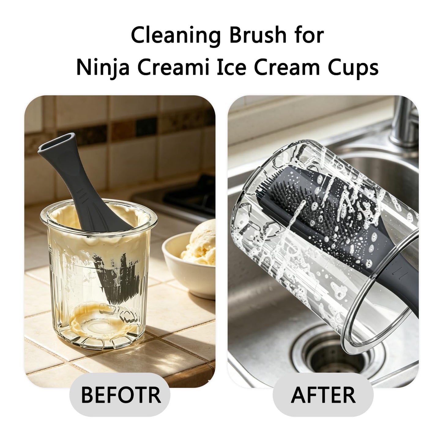 Cleaning Brush for Ninja Creami Ice Cream Cups – 2-in-1 Silicone Scraper and Brush,Curved Blade Fits Cup walls & Bottom, Dishwasher Safe (Gray)