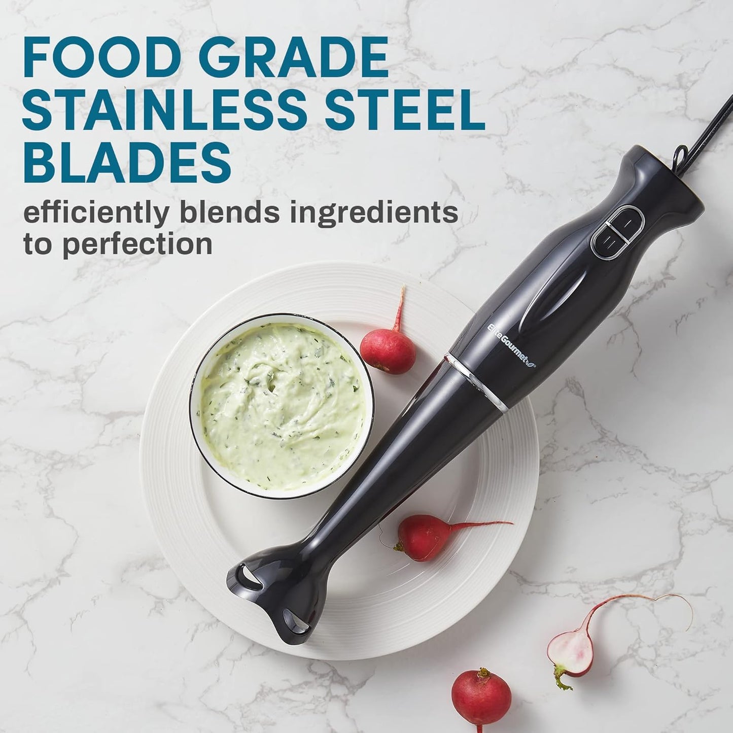 Elite Gourmet EHB1023 Immersion Hand Blender, 300 Watts, 2 Speed Mixing with Detachable Blades, Black