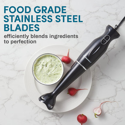 Elite Gourmet EHB1023 Immersion Hand Blender, 300 Watts, 2 Speed Mixing with Detachable Blades, Black