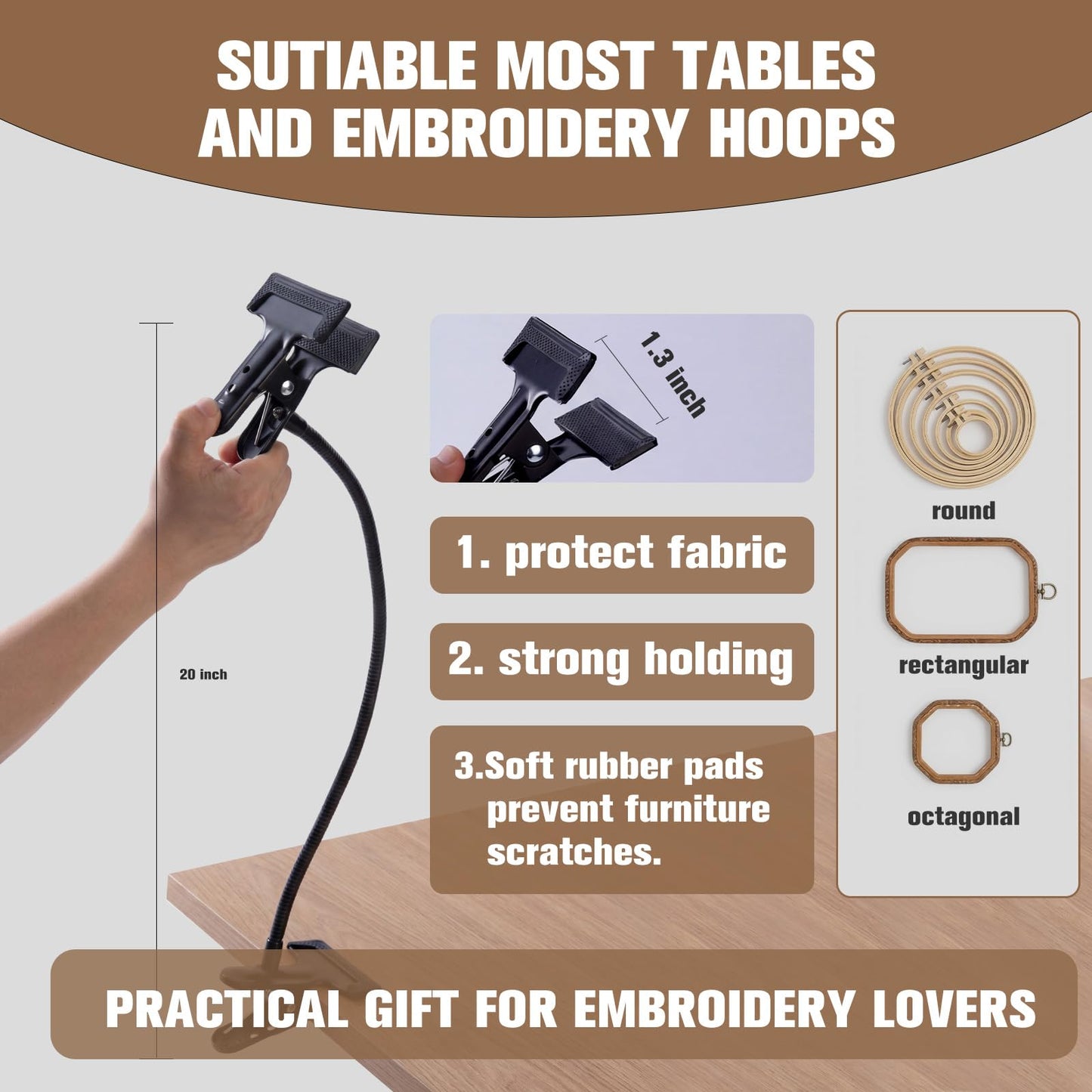 Adjustable Embroidery Hoop Stand Holder, 20" Extra Long Portable Gooseneck Embroidery Stand, Heavy Duty Cross Stitch Table Clamp for DIY Needlework Art Craft Sewing Projects