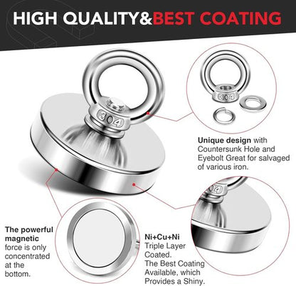 DIYMAG Neodymium Fishing Magnet - 350 Lbs Pulling Force with Countersunk Hole | 1.97 Inch Diameter for River Retrieval