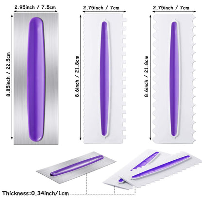 Patelai 3 Pcs Cake Scraper Cake Decorating Comb Set, Stainless Steel Icing Smoother with Plastic Edge, Cream Smoother Decorating Tools for Butter Cream Mousse 9 Inch
