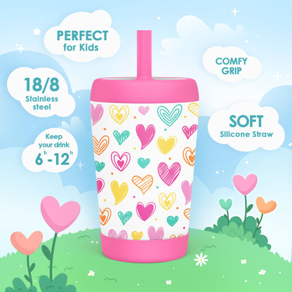 SANDJEST Kid Insulated Stainless Steel Tumbler with Silicone Straw, 12oz Sippy Cup for Kids (Playful Hearts)