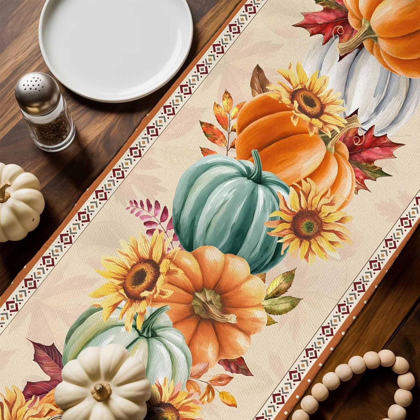 LooPoP 13x120 Inches Thanksgiving Fall Pumpkin Table Runners Maple Leaf Orange Lattice Long Washable Table Runner