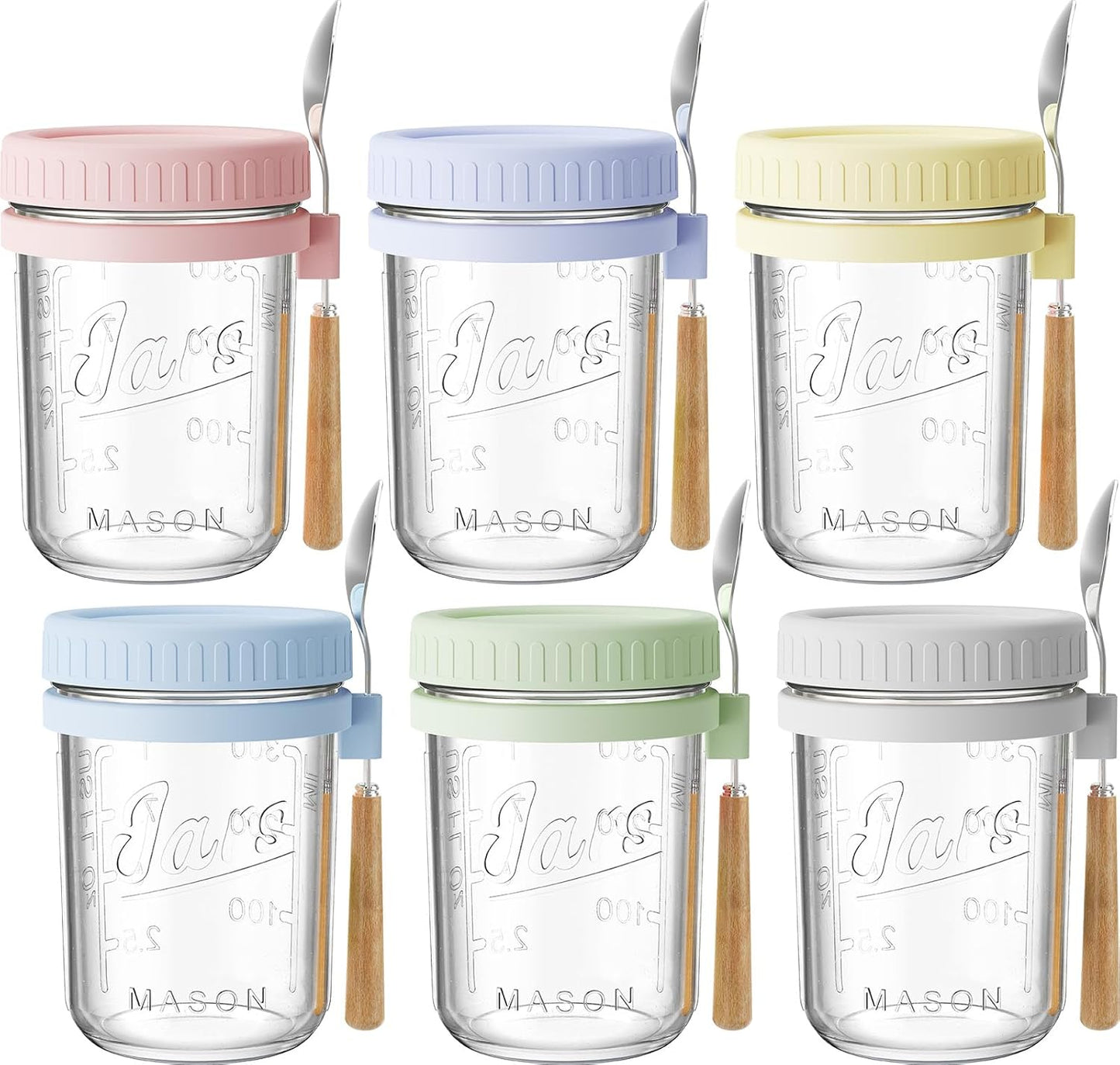 16oz 6 Pack HomArtist Overnight Oats Containers with Lids and Spoons, Wide Mouth Mason Jars with Airtight Lids