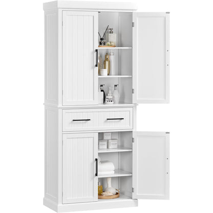 Yaheetech 72.5" Bathroom Floor Cabinet Wooden Storage Organizer with 4 Doors and 1 Drawer, Free-Standing Cupboard for Kitchen/Living Room/Bathroom Use, White