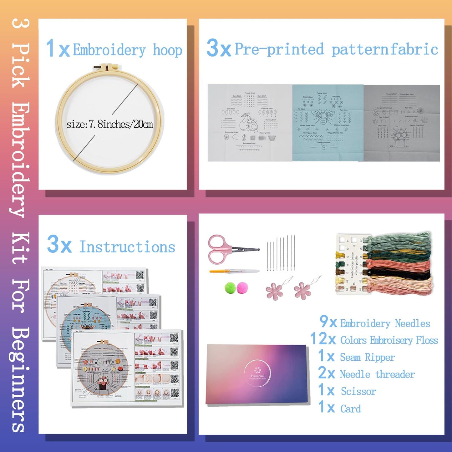 Jyphorixal Embroidery Kit for Beginners Adults Cross Stitch Starter Kit Needle Point Supplies 33 Basic Stitches in 3 Set, DIY Craft Lover Starter Hand Stitch (Flower)
