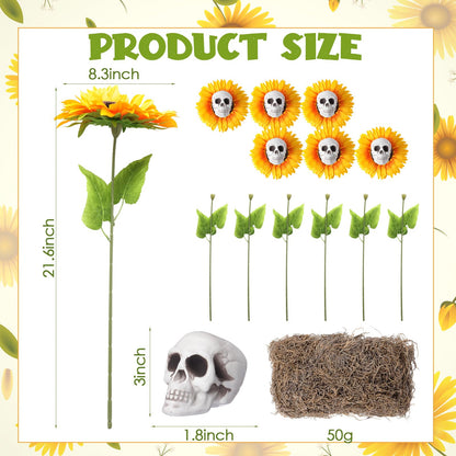 AceOrbit 6 Sets Halloween Skull Sunflower, Include 3" Skeleton Head Small Skulls 8.3" Artificial Sunflowers Natural Dried Moss for Halloween Party Decoration Props Spooky Yard Table Decor