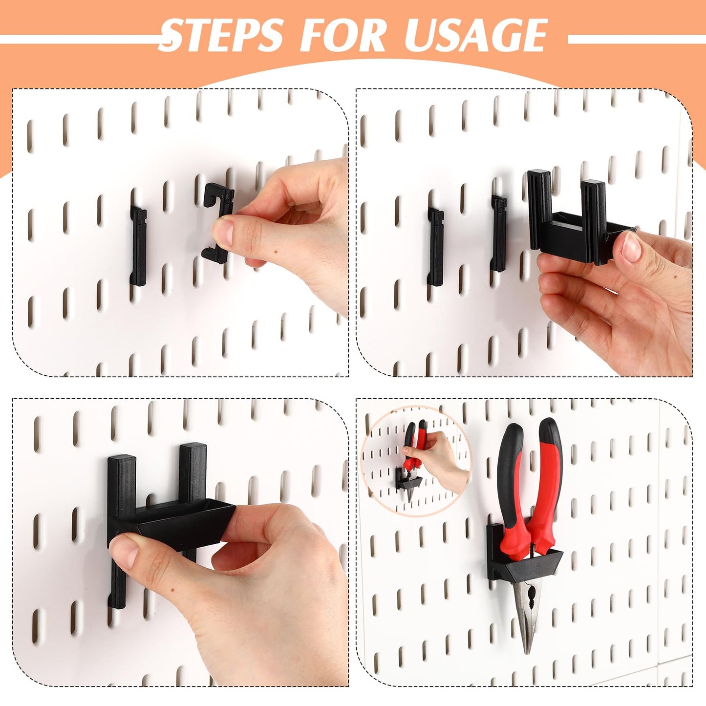 Novabright 6 Pack Vertical Slot Pegboard Tool Holders, Plastic Pegboard Organizer Hooks for Craft Room, Sewing Room, Office, Scissors, Rulers, Pens, and Supplies (Black)