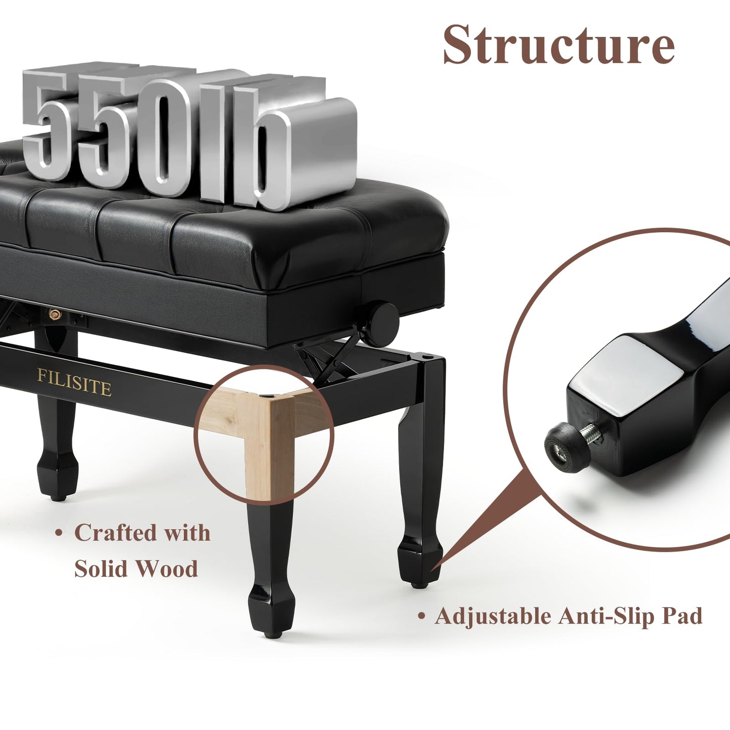 FILISITE Genuine Leather Duet Piano Bench with Storage,Adjustable Heavy Duty Wooden Double Keyboard Seat XHJ-11G(Black)