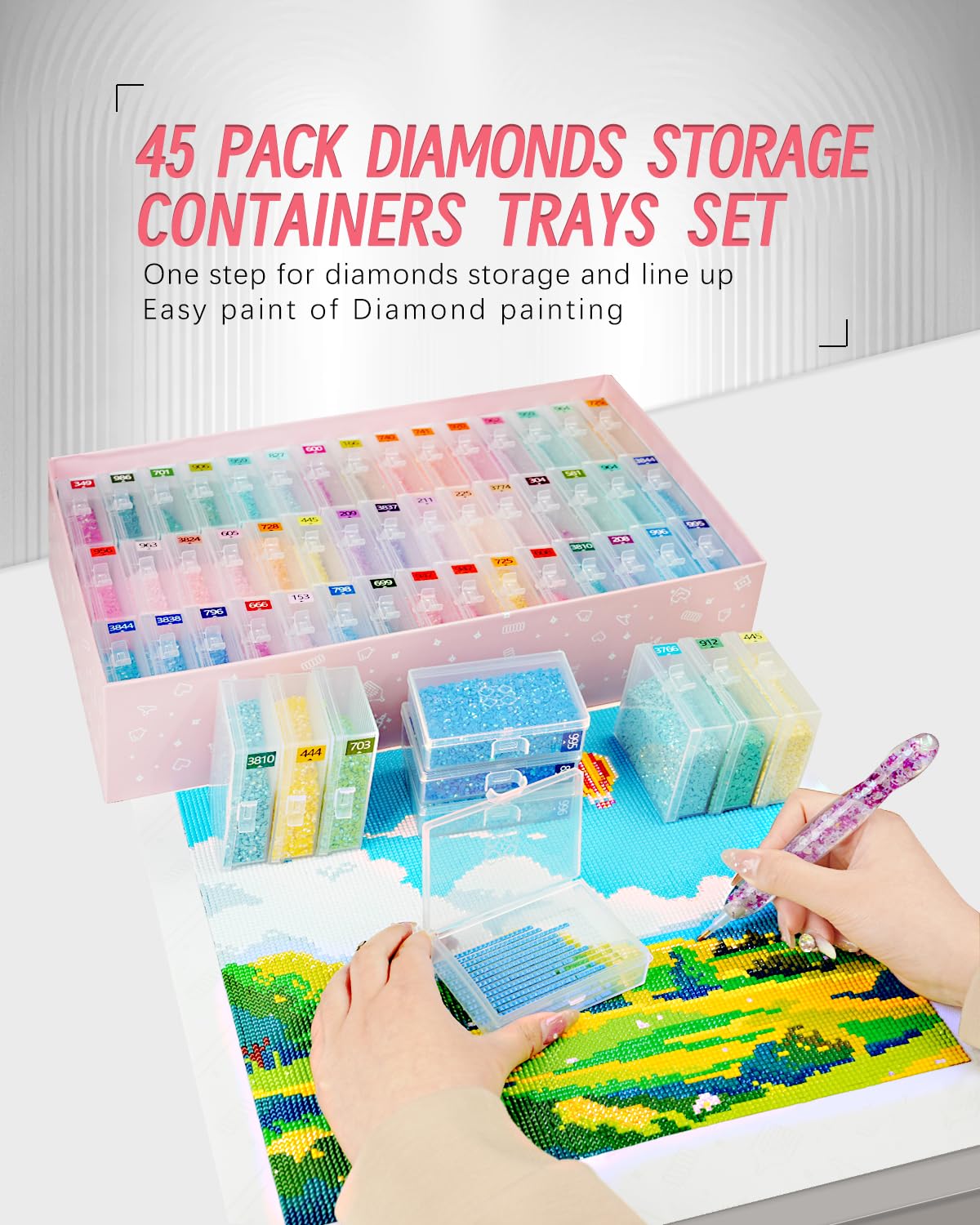 forever young 45pcs Diamond Painting Storage Containers Trays, Diamond Art Accessories Diamond Painting Trays with Lids, 2-in-1 Storage, Bead Storage & Line-Up, Box Package