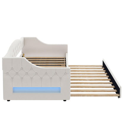 GDFStudio Twin XL Upholstered Daybed with Linen Fabric, LED Lighting Belt, Pull-Out Trundle, Sturdy Pine Wood Frame with Slats, Modern Beige Platform Bed for Users, No Box Spring Required, Beige