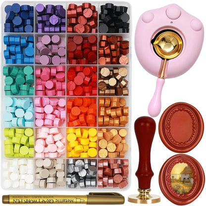 Frame Wax Stamp Kit, Electric Wax Seal Warmer Set with 624Pcs Sealing Waxs Beads, 3D Embossed Frame Relief Carve Stamps Waxing, Gold Pen, Tweezer (Set03)