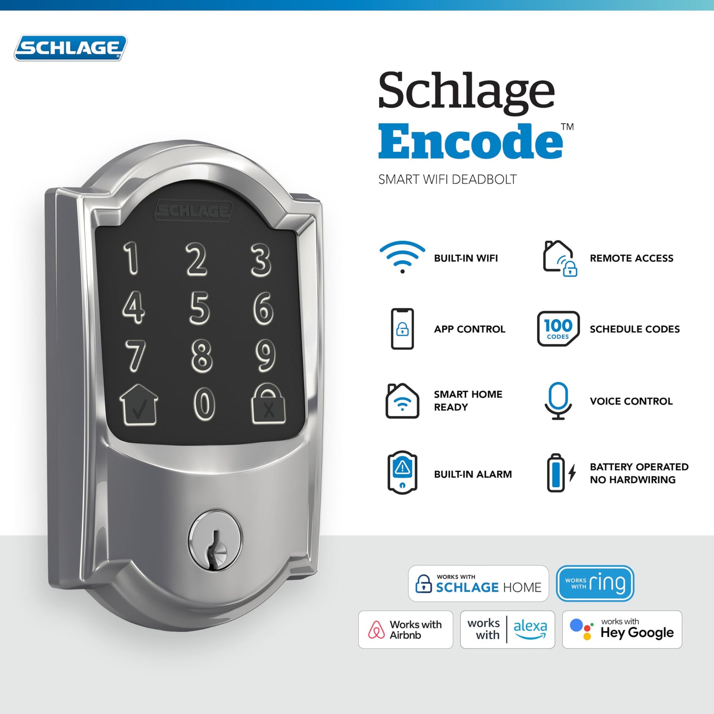 Schlage Encode Smart WiFi Deadbolt Lock for Front Door - Keyless Entry with App or Touchscreen - Works with Alexa, Hey Google, & Airbnb - Create Codes for Guests - Matte Black
