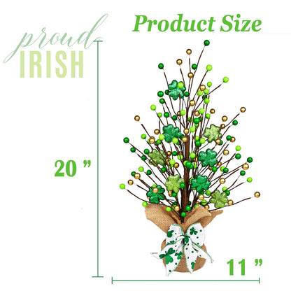 Lotus Hills St Patricks Day Decor, 20 Inch Shiny Shamrock Table Tree with Burlap Base and Bow, St Patricks Day Decorations, St Patricks Day Table Mantel Decor, Greenery Irish Shamrock Decorations