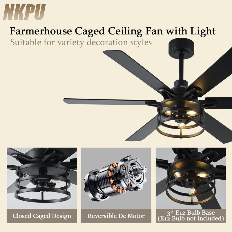 NKPU 52 Inch Farmhouse Ceiling Fan with Light and Remote, Black Industrial Caged Rustic Ceiling Fan with 6 Speed Reversible Motor and Dual Finish 6 Blades, Rustic Ceiling Fan for Living