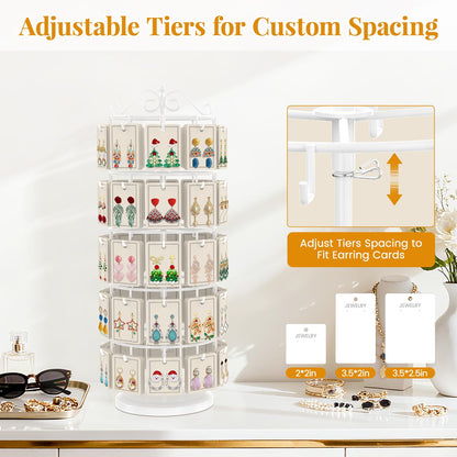 EsLuker.ly Earring Holder Organizer Rotating Display Tree Stand, Adjustable Height Earring Card Hanger Rack with 50 Hooks for Vendors Market Selling, 5 Tier Metal Jewelry Storage Tower, White