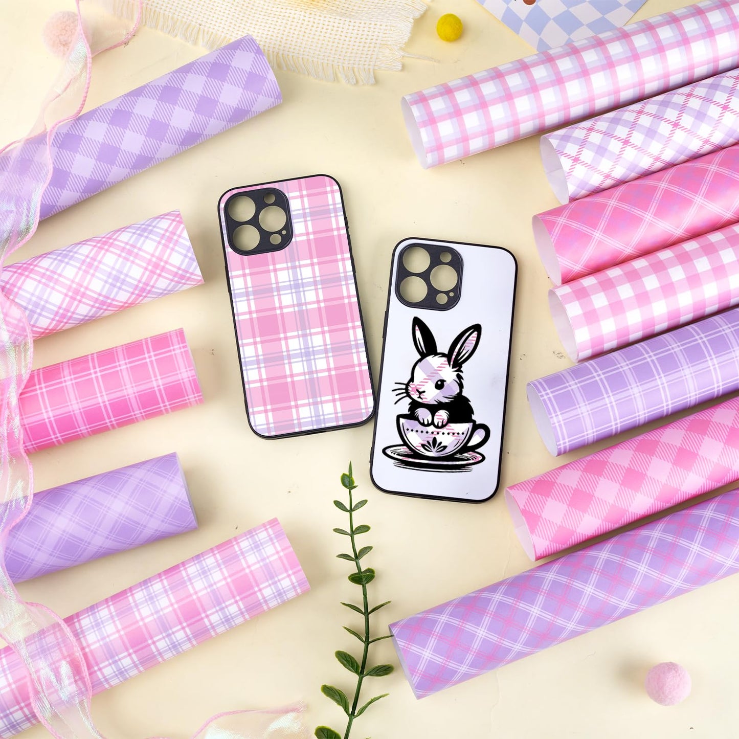 Tintnut Plaid Permanent Adhesive Vinyl - 12 Sheets 12''x10'' Pink Purple Plaid Pattern Vinyl for Cutting Machines, Waterproof Vinyl for DIY Crafts & Personalized Gifts