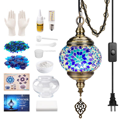 BOHMR DIY Turkish Mosaic Lamp Kit, 5.2"D Plug-in Stained Glass Pendant Hanging Lamp Making Kit with 15ft Cord-No Skills Needed,Mosaic Art & Craft Project Kits for Adults&Teens, Make Your Own Lamp,Blue