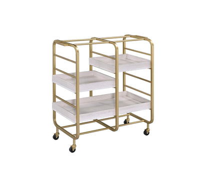 GOLGAILY 34" W x 17" D x 38" H Gold & White Washed Finish Serving Cart with 3 Open Compartments and Adjustable Trays