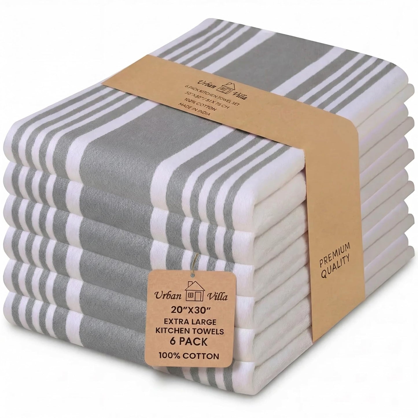 Urban Villa Kitchen Towels 100% Cotton Dish Towels for Kitchen (Set of 6) 20”x30” Dish Cloths Highly Absorbent Kitchen Linen Set with Hanging Loop Perfect for Drying Dishes Cleaning Towels-Grey White