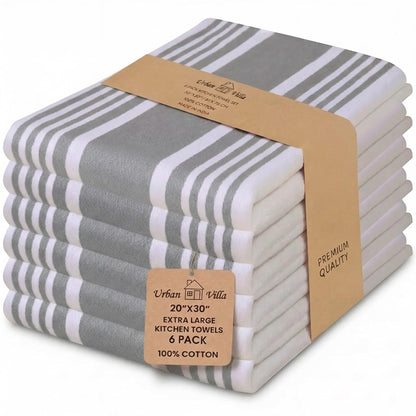 Urban Villa Kitchen Towels 100% Cotton Dish Towels for Kitchen (Set of 6) 20”x30” Dish Cloths Highly Absorbent Kitchen Linen Set with Hanging Loop Perfect for Drying Dishes Cleaning Towels-Grey White