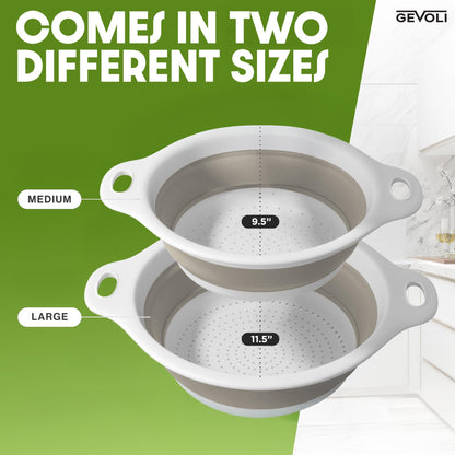 Collapsible Colander Strainer, Includes Over-sink Countertop Draining Base (5QT) Large Kitchen Drainer for Vegetables Fruit and Pasta, Round Foldable Draining Basket, Easy Storage (White)