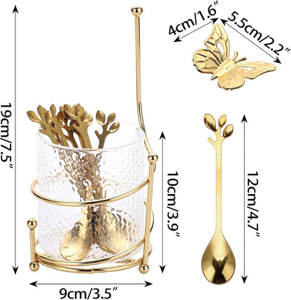 ELLDOO Coffee Spoon Set with 8 Gold Leaf Stainless Steel Spoons and Clear Glass Holder for Mixing