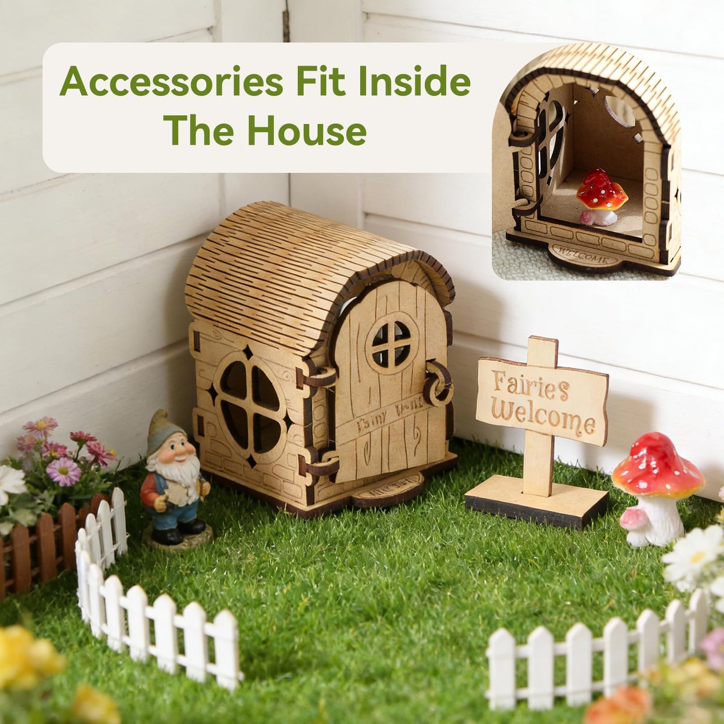 Mamimami Home Tiny Fairy House with Doorplate, DIY Mini Wooden Garden Plant Treehouse, Magical Fairy Doors Handmade Christmas Decorations Gifts