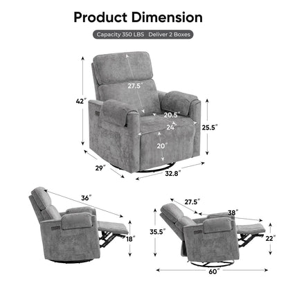 Rhevoy 24" Extra Wide Swivel Rocker Recliner Chair with Adjustable Headrest, Oversized Power Rocker Recliner with Overstuffed Armrest, Chenille Rocking Chair Nursery with USB Ports, Grey