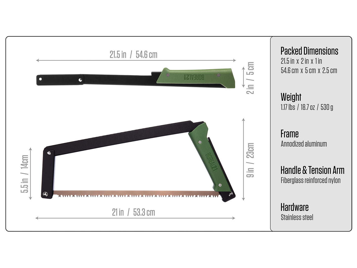 AGAWA - BOREAL21 TRIPPER KIT - 21 inch folding bow saw, rugged cordura sheath, additional aggressive blade (Black Frame - Green Handle)