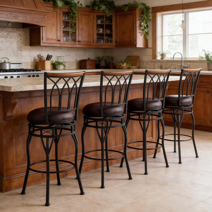 MIITODAY Farmhouse Swivel Bar Stools with Backs Set of 2, Adjustable 25"/30" Industrial Counter & Bar Chairs with Brown PU Leather, Antique Brass Metal, Vintage Rustic Wood for Kitchen, Pub, Bistro