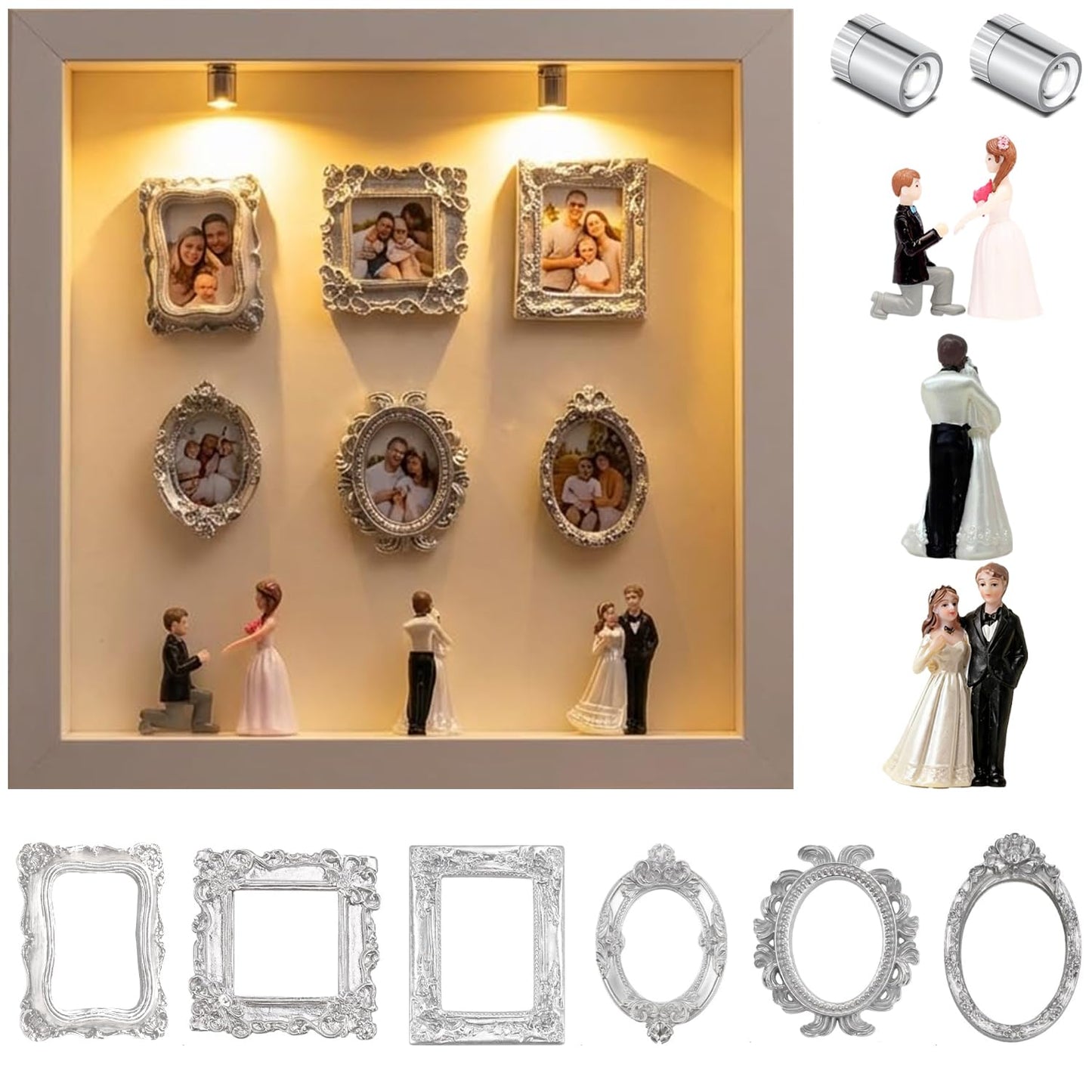 AHFYDX DIY Mini Frames Silhouette Box, Shadow Box Frame with 6 DIY Frames，2 Lights and 4 Dolls, Customizable Design, Warm Style, Sentimental Gift for Family and Couples（White-Acrylic Front pane）