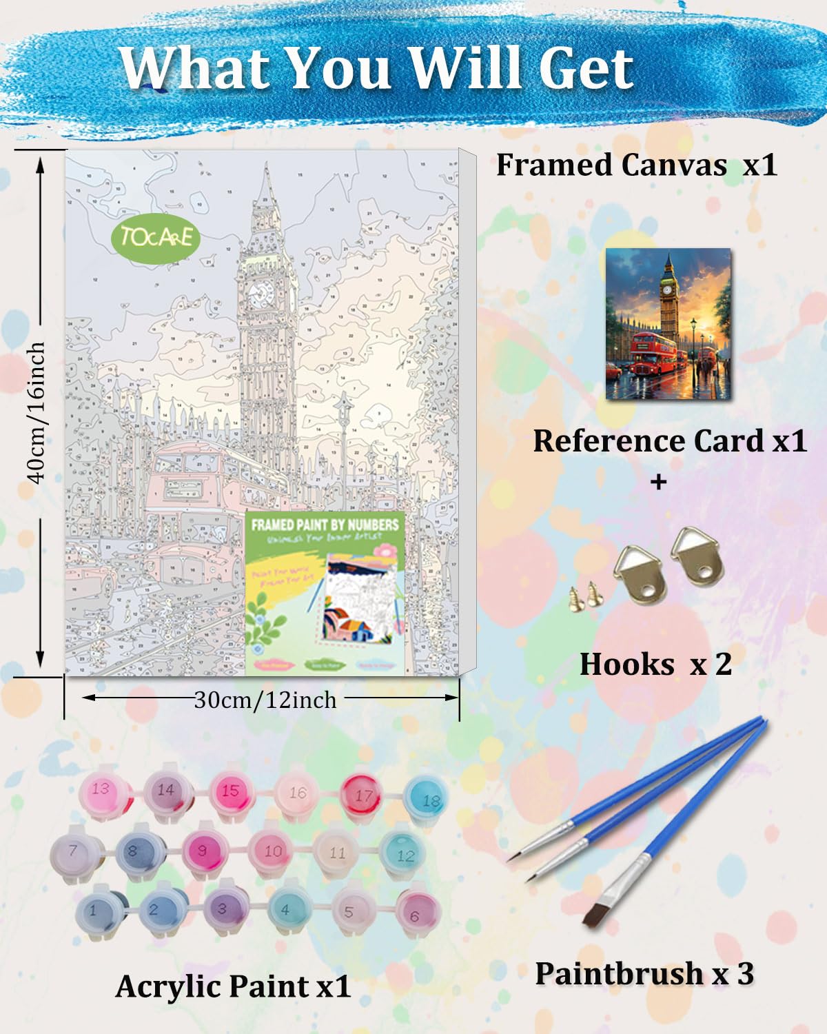TOCARE Framed Paint by Numbers Kit for Adults Beginner, 12x16Inch London Paint by Numbers with Frame,Big Ben Paint by Number Framed Canvas (Without Easel)