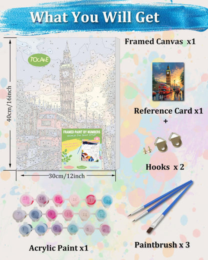 TOCARE Framed Paint by Numbers Kit for Adults Beginner, 12x16Inch London Paint by Numbers with Frame,Big Ben Paint by Number Framed Canvas (Without Easel)