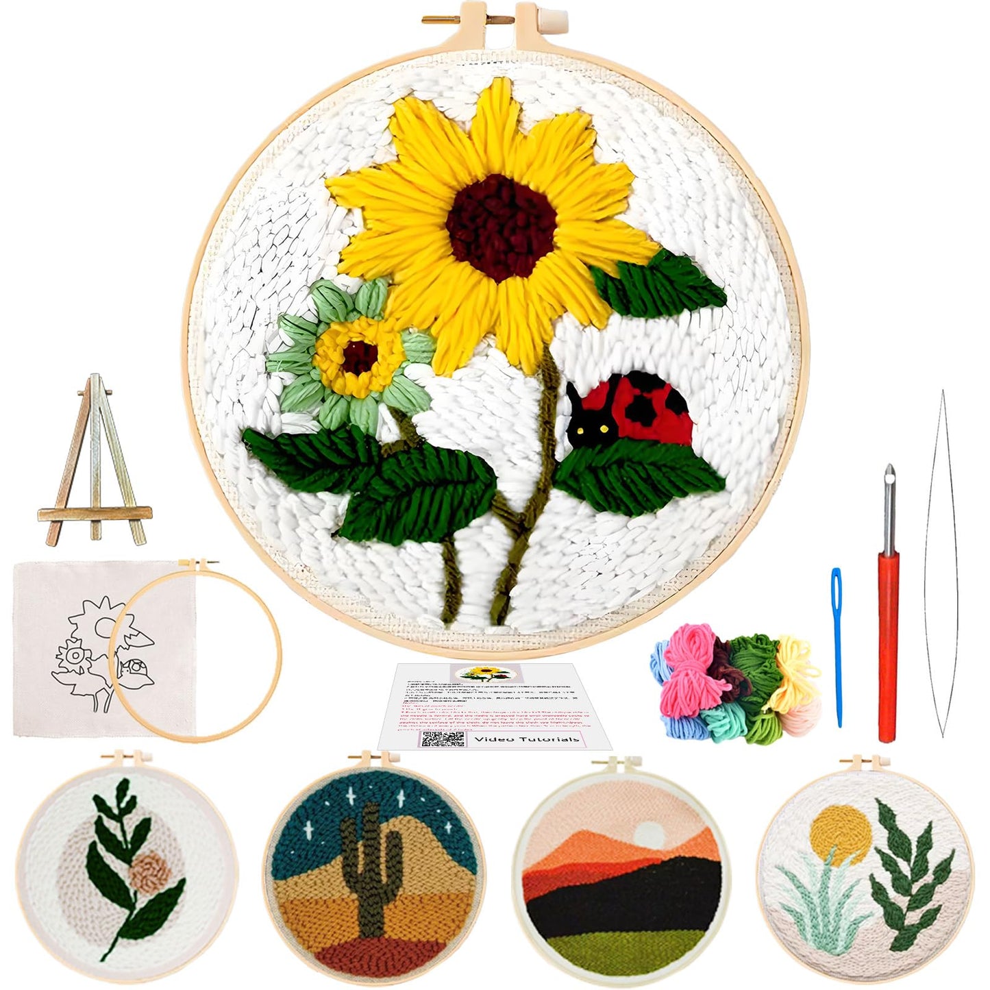 PYHIRRY Punch Needle Kits Adults Beginner Sunflower-with Tool, Hoop, Yarn, Fabric & Video Tutorials -Complete Punch Needle kit for Home Decor Craft for Wall Art & Gifts