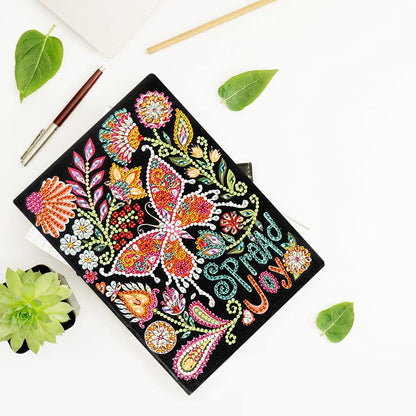 5D Diamond Art Painting Notebook Kits Spread Joy Butterfly Cover Leather DIY Special Shaped Journal Sketchbook Cross Stitch Diamond Art Hardcover Dairy Book Festival Birthday Gift 8.27x5.71IN