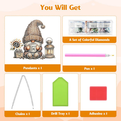 GHHKUD Gnome Diamond Art Hanging Kit for Adults, DIY Double Sided Diamond Arts Painting Hanging Coffee Time, Special Shaped Acrylic Ornaments Pendants for Window Home Garden Wall