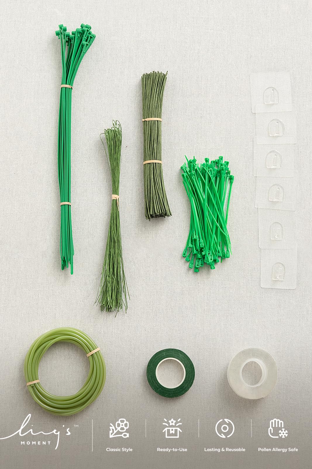 Ling's moment DIY Tools Set for Wedding, 7 Kinds of DIY Accessories Include Artificial Flower Stems Iron Wire Adhesive Hooksand Floral Tape Double Sided Tape Recyclable Cable Ties and Tubing