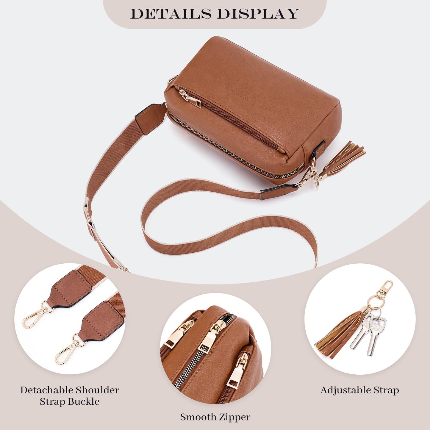 Roulens Triple Zip Small Crossbody Bag for women,Wide Strap Cell Phone Purse Shoulder Handbag Wallet with Credit Card Slots