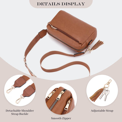 Roulens Triple Zip Small Crossbody Bag for women,Wide Strap Cell Phone Purse Shoulder Handbag Wallet with Credit Card Slots