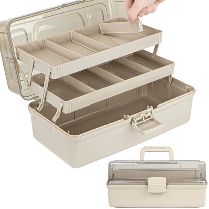 TERGOO 12.5in 3-Layer Multipurpose Craft Organizers and Storage with Adjustable Dividers, Portable Tackle Box, Folding Art & Craft Case for Medicine, Tool, Sewing Organizer (Brown)